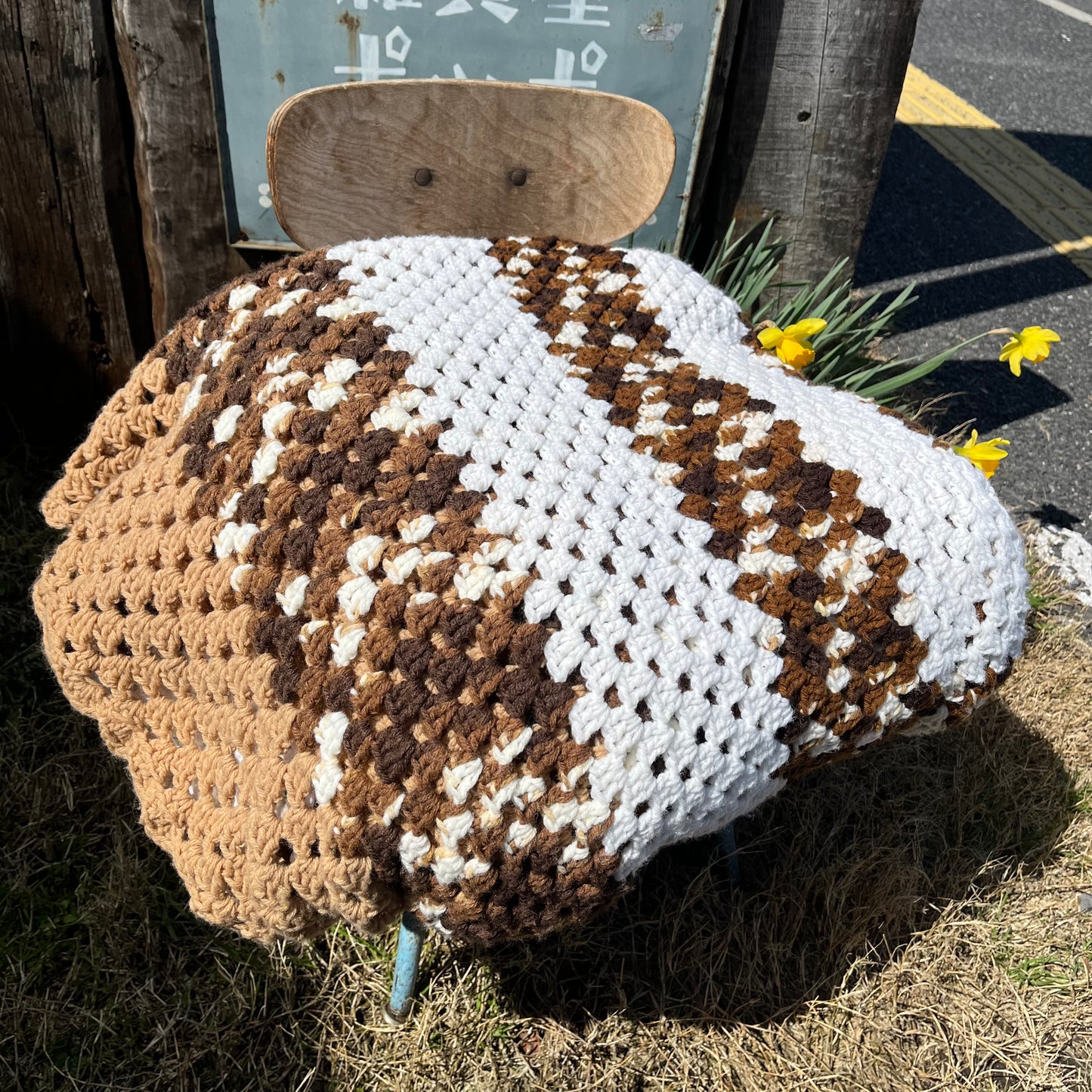 【USA vintage】Granny Blanket Brown × White