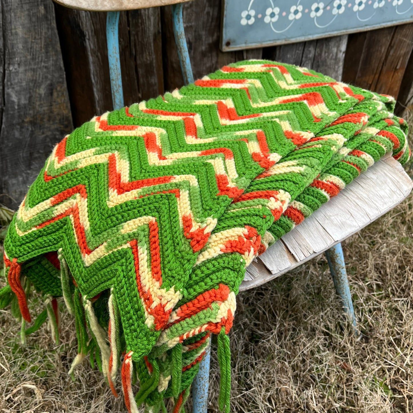 【USA vintage】granny blanket green × orange