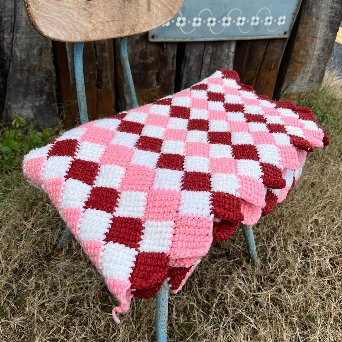 【USA vintage】granny blanket pink × white × bordeaux