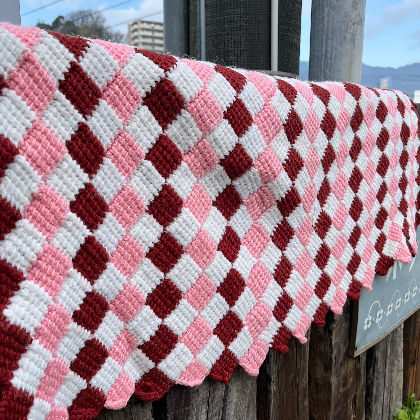 【USA vintage】granny blanket pink × white × bordeaux