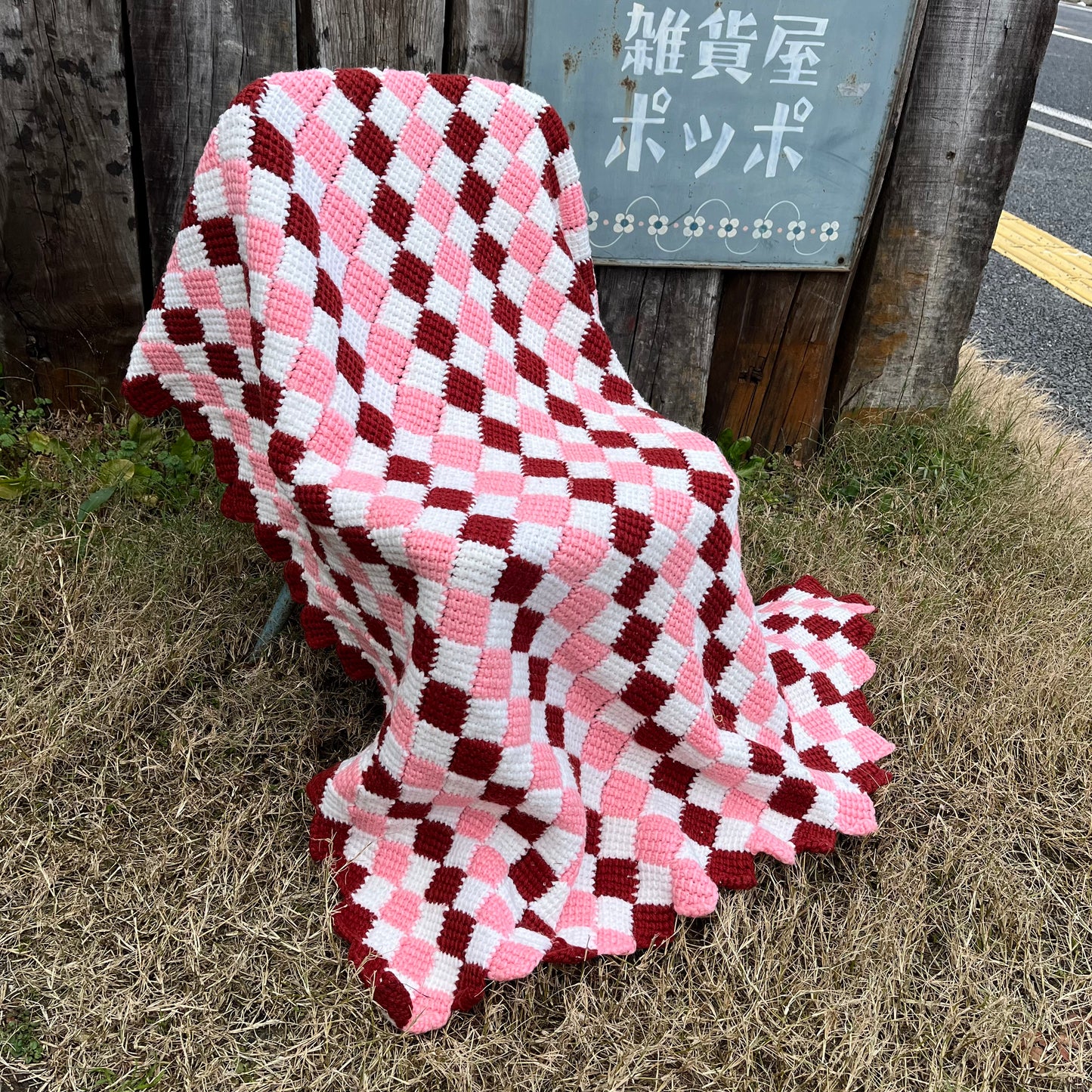 【USA vintage】granny blanket pink × white × bordeaux