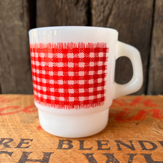 【1960s USA vintage】Fire-King Red Check Gingham Stacking Mug