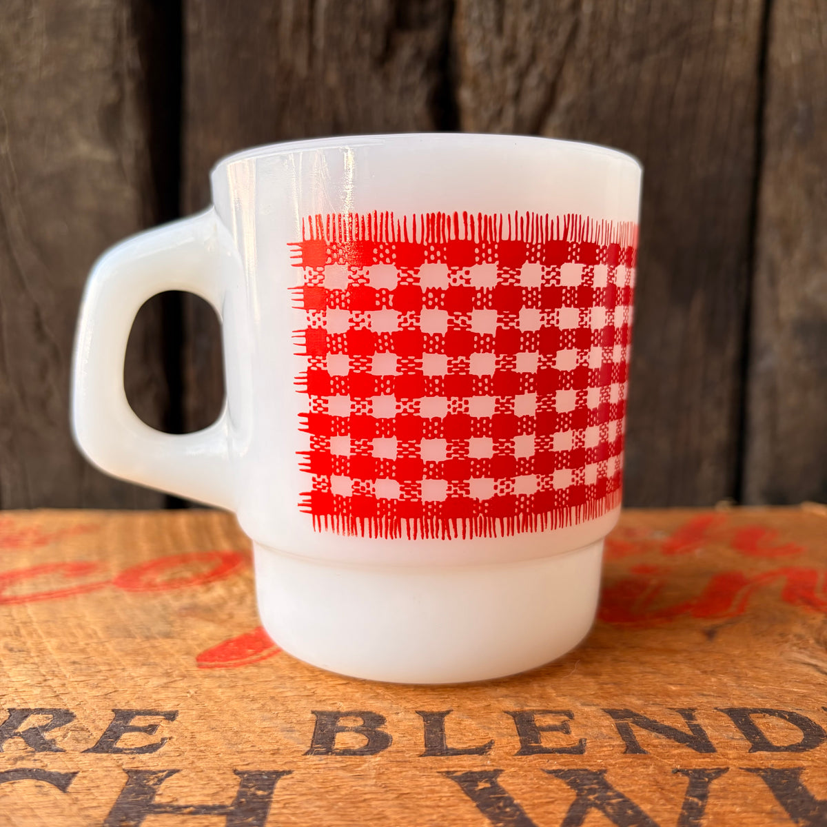 【1960s USA vintage】Fire-King Red Check Gingham Stacking Mug