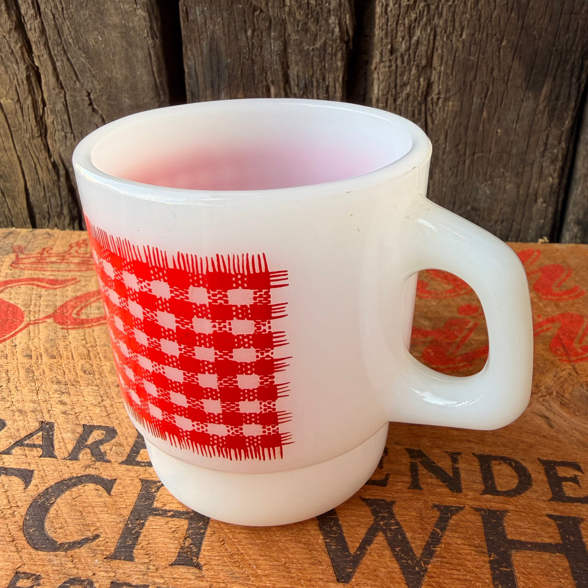 【1960s USA vintage】Fire-King Red Check Gingham Stacking Mug
