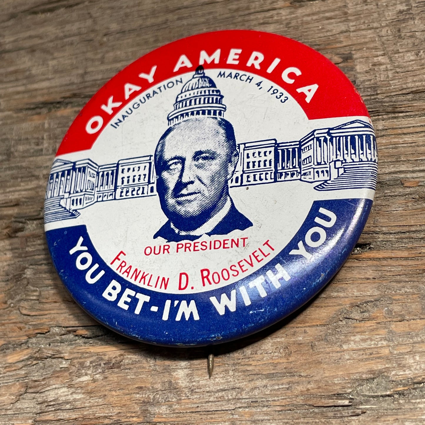 【USA vintage】缶バッジ　OKAY AMERICA  フランクリン・ルーズベルト